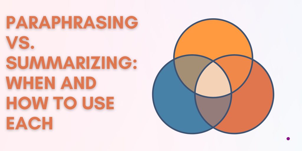 Image illustrating the differences between paraphrasing and summarizing, and when to use each technique.